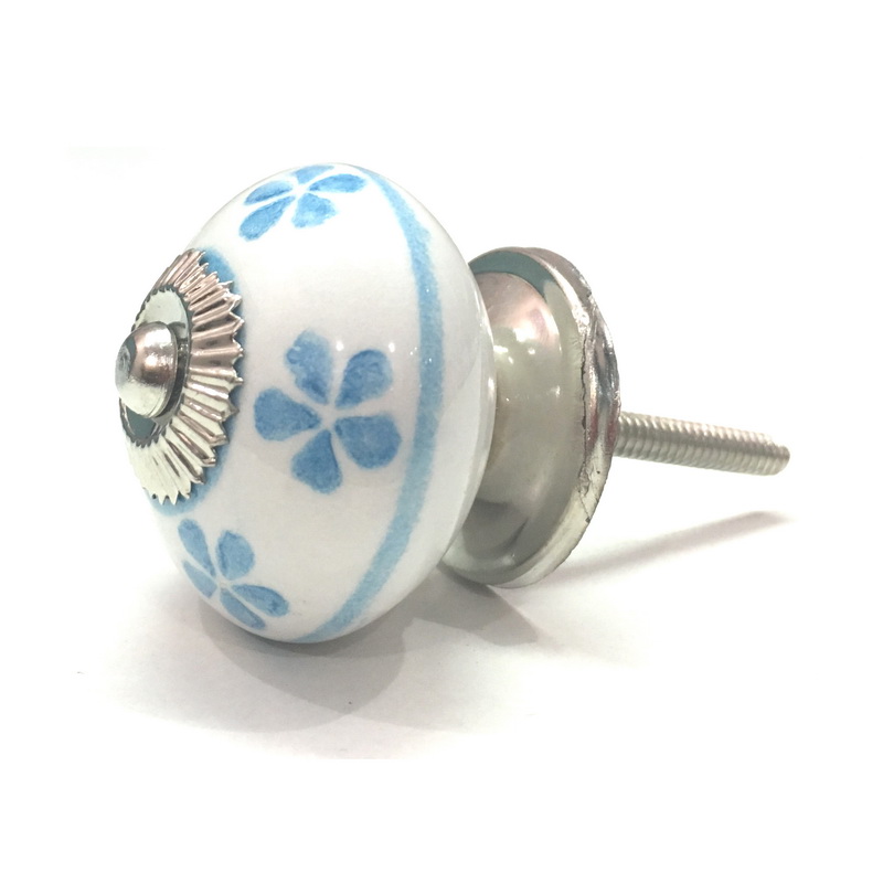CERAMIC KNOB ROUND BLUE ON WHITE 25 . DIAMETER 40 MM, HEIGHT 28 MM, LENGTH OF SCREW OUTSIDE KNOB 35 MM. SUPPLIED WITH 1 ROSE, 1 BASE, 1 SCREW , 2 NUTS AND 1 WASHER.-1