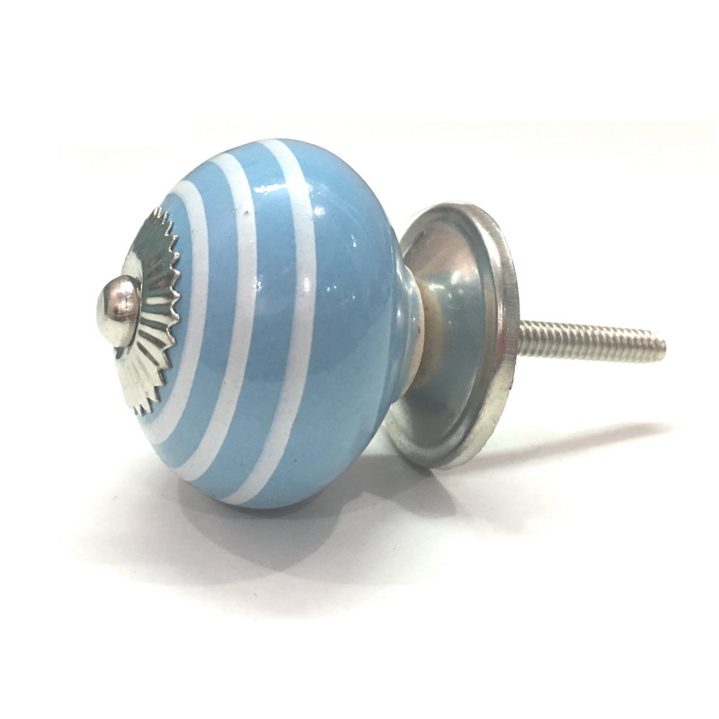 CERAMIC KNOB ROUND BLUE WITH WHITE STRIPES 21 . DIAMETER 40 MM, HEIGHT 28 MM, LENGTH OF SCREW OUTSIDE KNOB 35 MM. SUPPLIED WITH 1 ROSE, 1 BASE, 1 SCREW , 2 NUTS AND 1 WASHER.-1