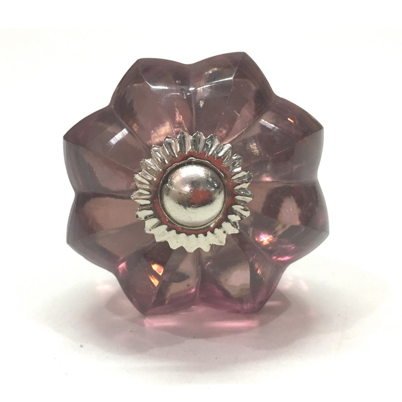 GLASS PURPLE CABINET KNOB. SIZE DIAMETER 36 MM, HEIGHT 26 MM, LENGTH OF SCREW OUTSIDE KNOB 39 MM